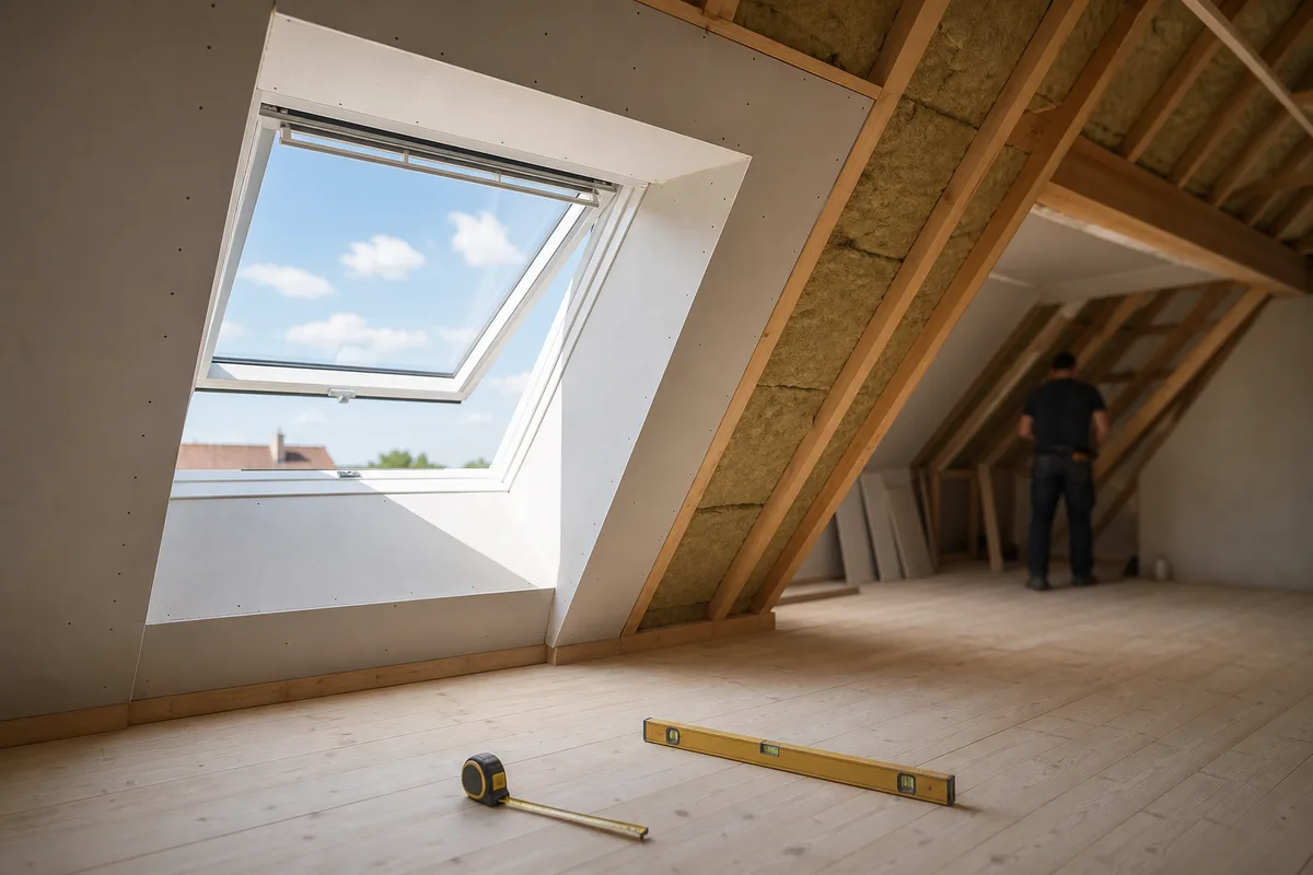 Fenêtre de toit ouverte sur le ciel dans des combles aménagés en cours de finition