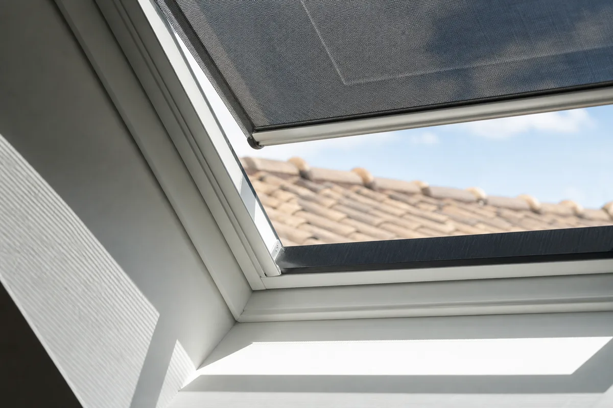 Store extérieur pare-soleil déroulé sur une fenêtre de toit en plein soleil