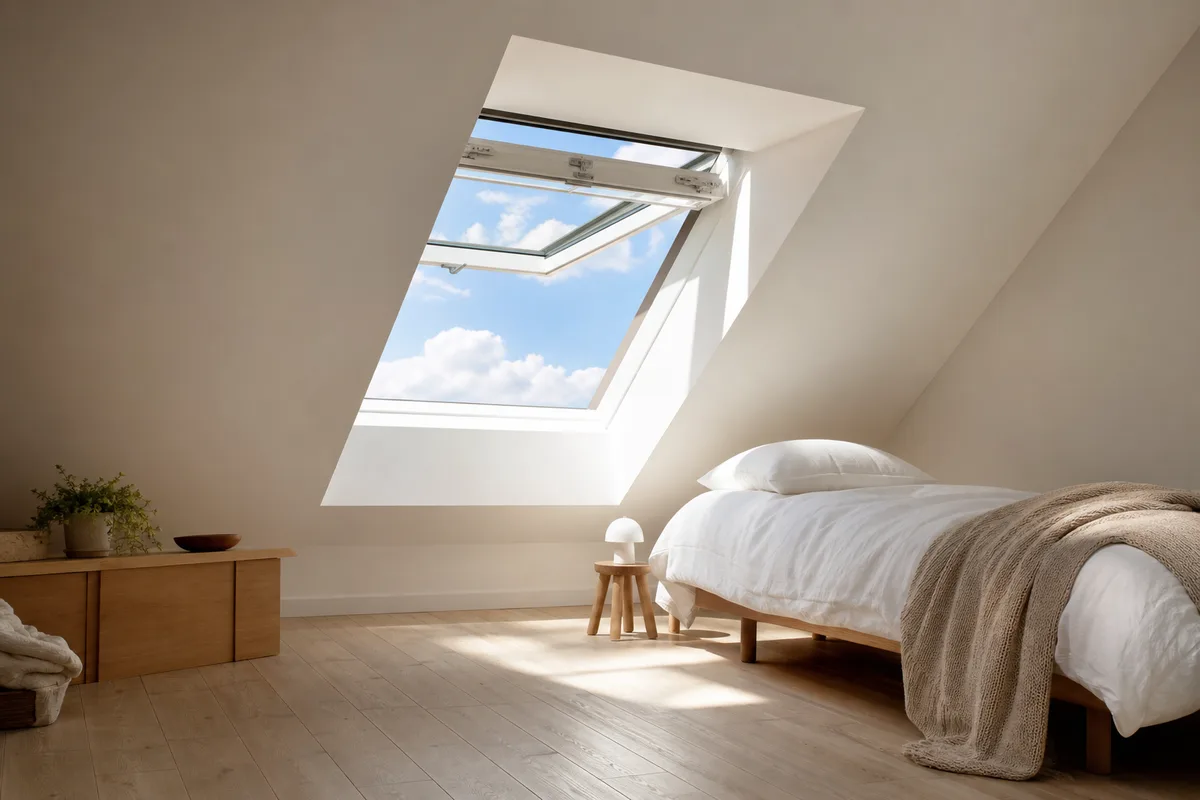 Fenêtre de toit à rotation ouverte par pivot central dans une chambre sous combles baignée de lumière