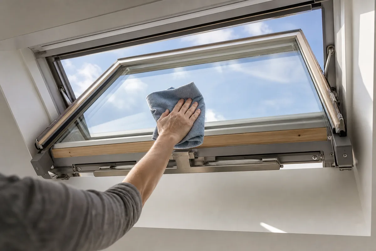 Vantail de fenêtre de toit retourné à 180 degrés pour nettoyer la face extérieure depuis l&rsquo;intérieur d&rsquo;un comble clair