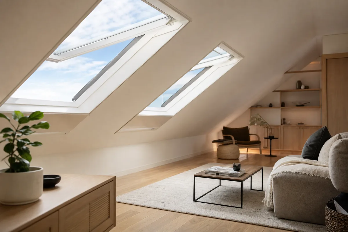 Comble aménagé lumineux avec plusieurs fenêtres de toit à pivot central ouvertes sur le ciel