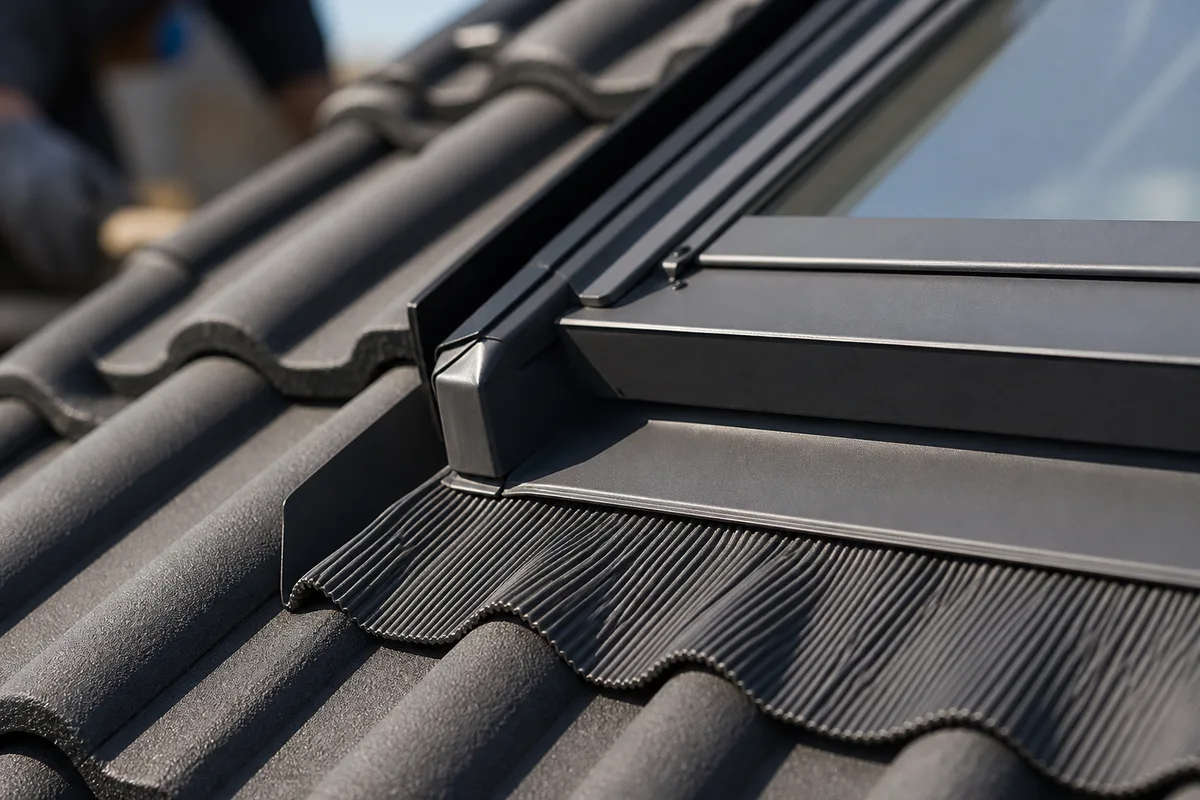 Détail d&rsquo;un raccord d&rsquo;étanchéité de fenêtre de toit sur une couverture en tuiles, chantier propre en extérieur