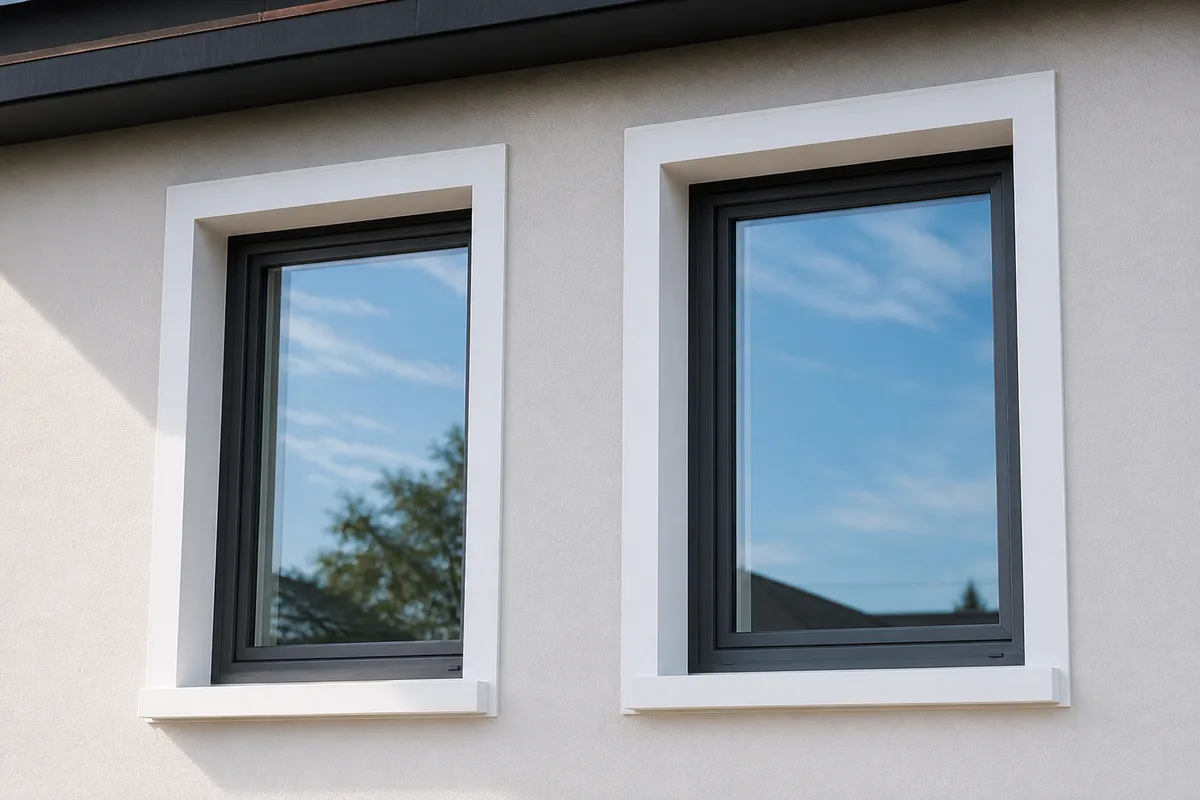 Fenêtres PVC et aluminium récemment posées sur la façade d’un pavillon en rénovation