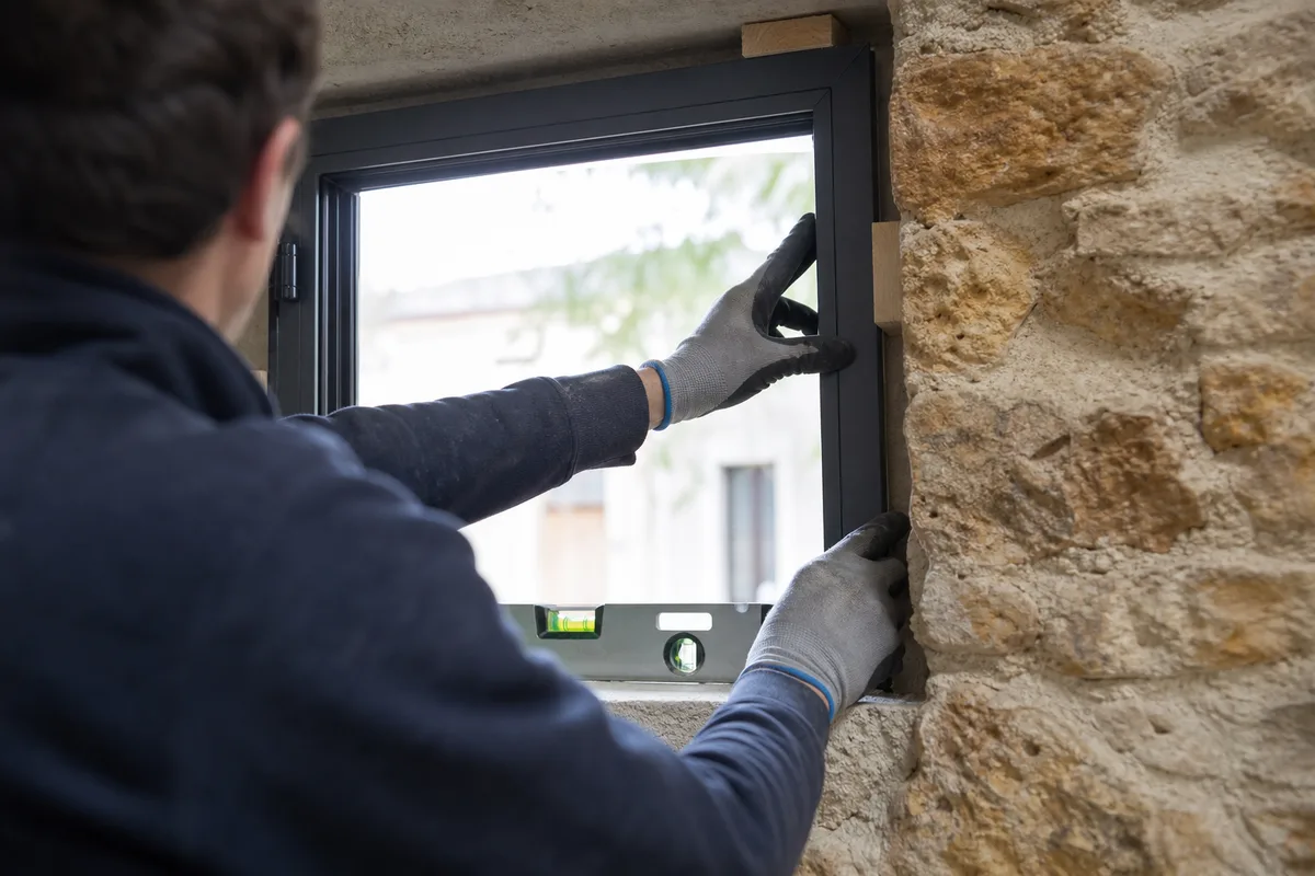 Pose d’une menuiserie extérieure dans le tableau profond d’un immeuble ancien, mains gantées de l’artisan