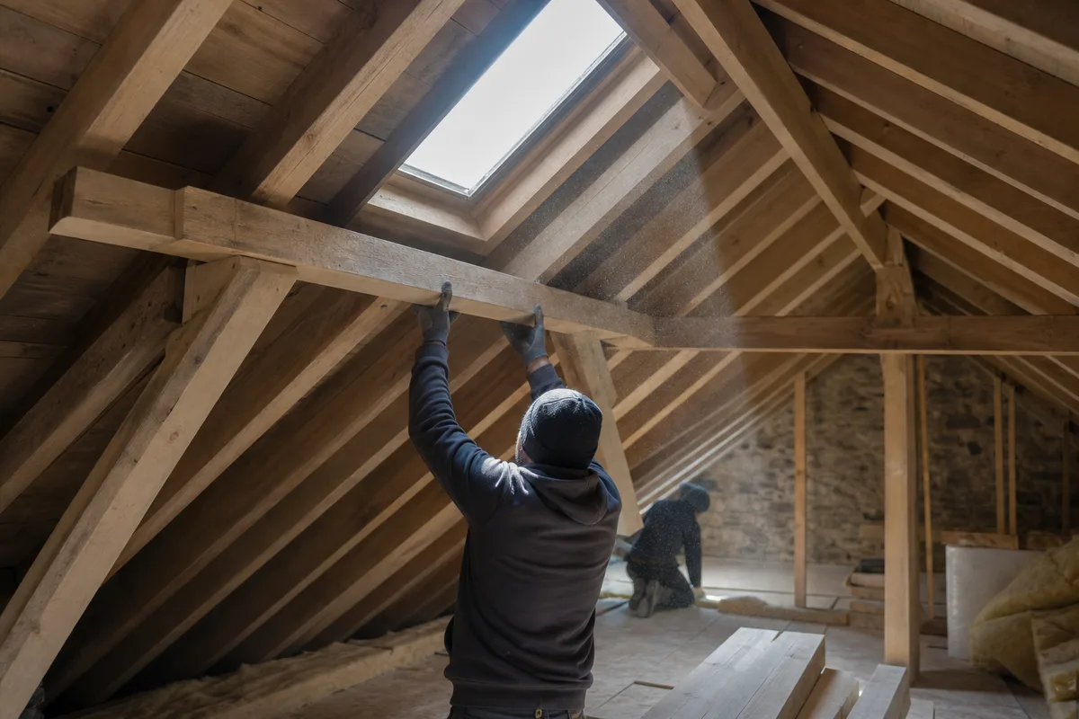 Charpente de comble ouverte avec chevêtre en bois encadrant l&rsquo;emplacement d&rsquo;une future fenêtre de toit
