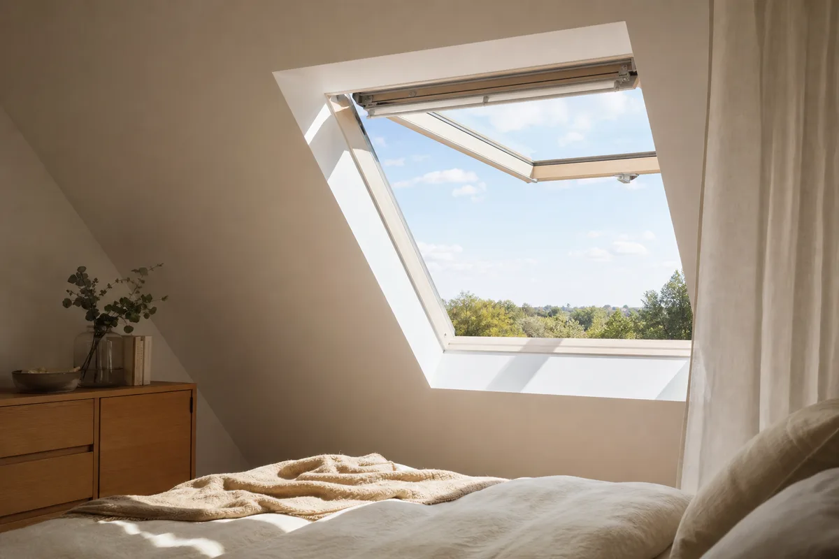 Fenêtre de toit ouverte sur le ciel dans une chambre sous combles baignée de lumière
