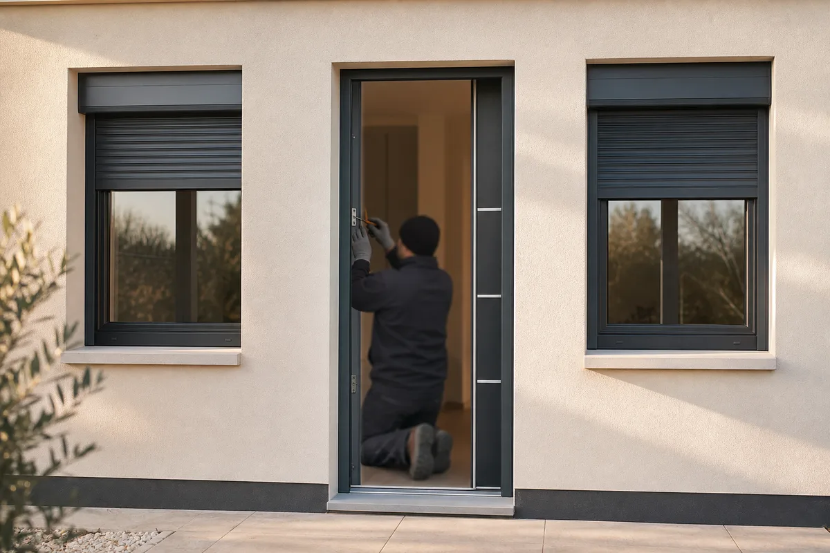 Fenêtres, porte et volets neufs sur la façade rénovée d&rsquo;un pavillon