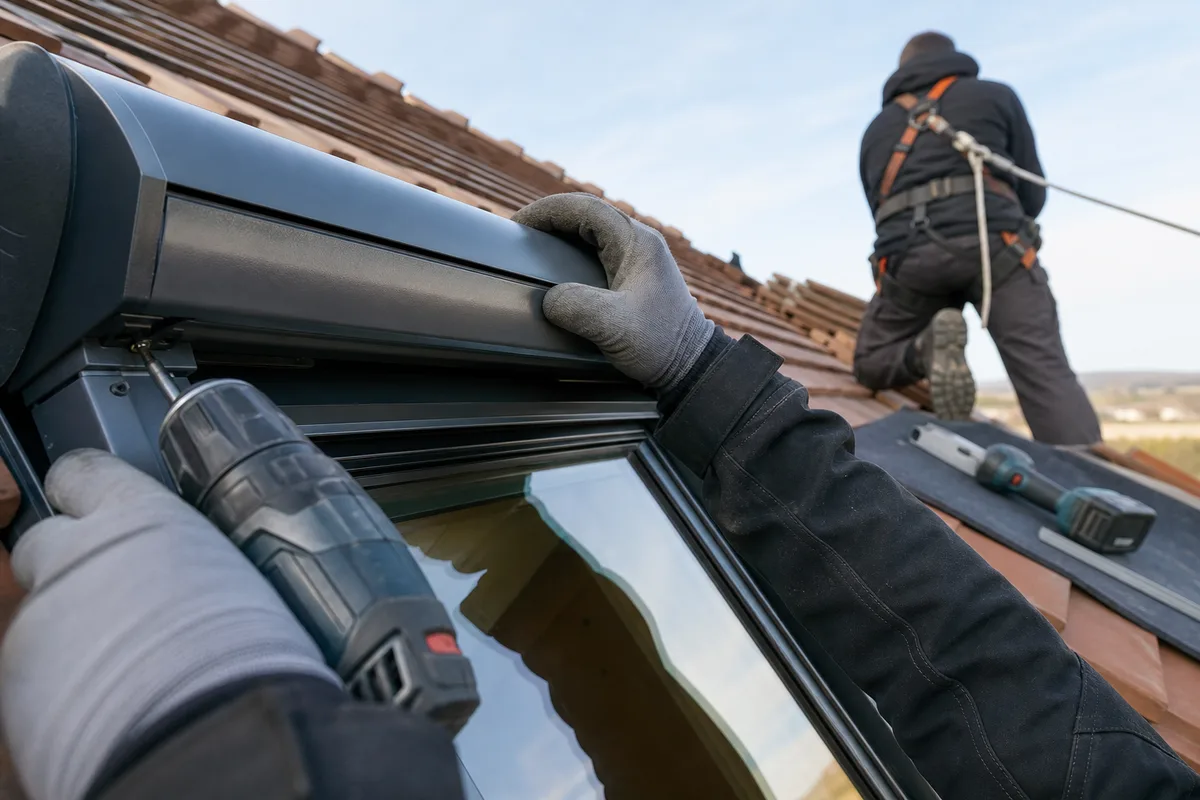 Poseur en sécurité sur une toiture pentue, mains gantées ajustant le coffre d’un volet roulant en haut d’une fenêtre de toit
